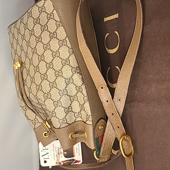 GUCCI ACCESSORIES VINTAGE 70’S WEB SHERRY DRAWSTRING GG SUPREME COATED BUCKETBAG - Picture 17 of 17